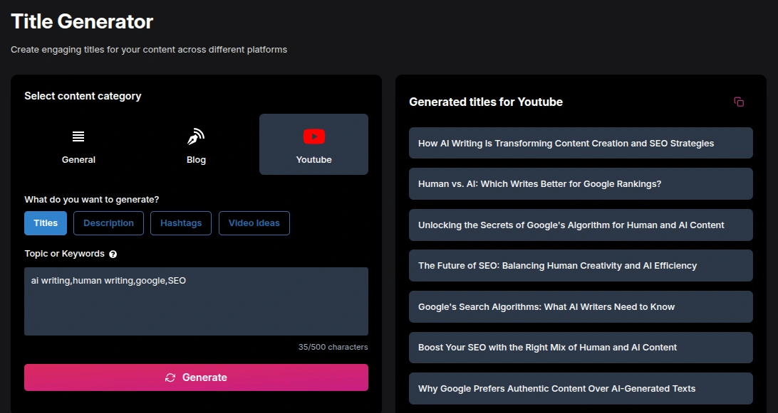AI-powered YouTube description generator interface for creating video titles from keywords.