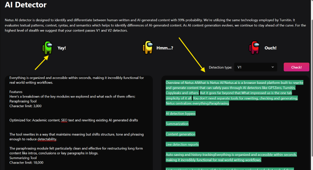 NetusAI's AI Detector gives you color-coded feedback and analysis on highlighted AI-generated text